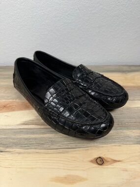 Born Malena Leather Croc Embossed Penny Loafers Black Women's Size 7 Beautiful!